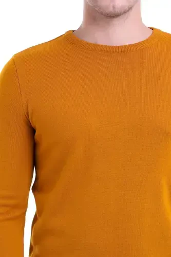 Men's Mustard Regular Fit Plain Crew Neck Knitwear K - 4