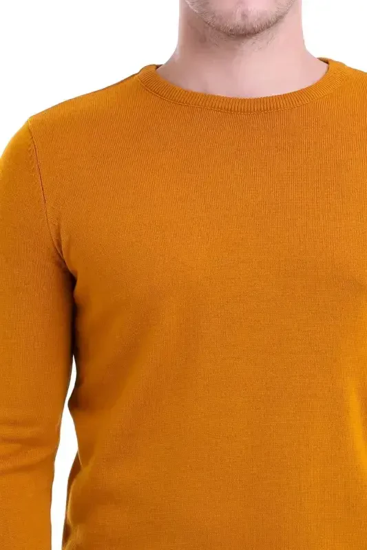 Men's Mustard Regular Fit Plain Crew Neck Knitwear K - 4