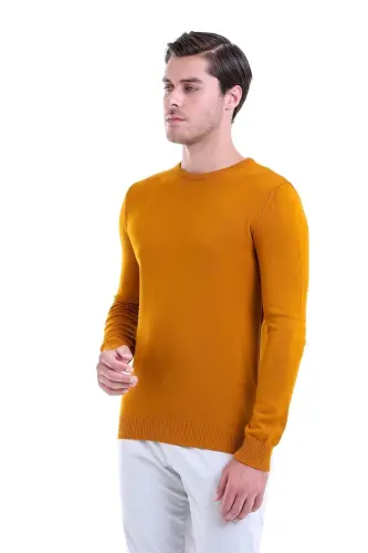 Men's Mustard Regular Fit Plain Crew Neck Knitwear K - HATEMOĞLU (1)