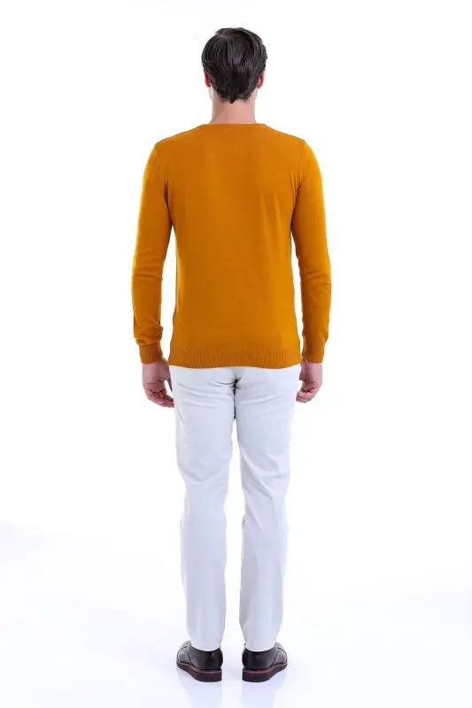 Men's Mustard Regular Fit Plain Crew Neck Knitwear K - 5