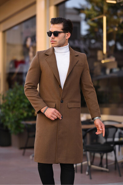 Men's Mustard Slim Fit Long Wool Blend Cashmere Coat - 16