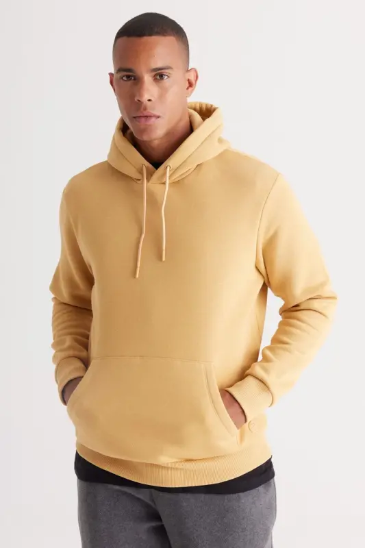 Men's Mustard Standard Fit Fleece Lined 3-Thread Hooded Kangaroo Pocket Cotton Sweatshirt - Mustard - 1