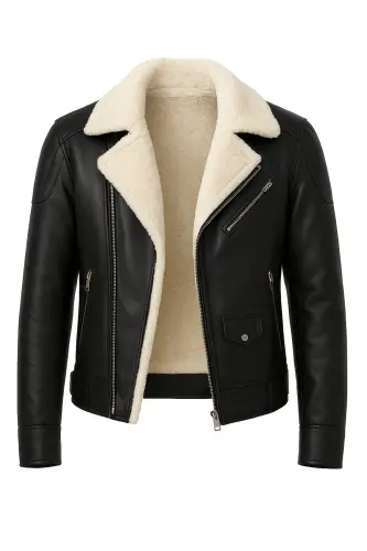 Men's napa leather jacket, zipper closure, full fur lining, slim fit, black-cream. - 1