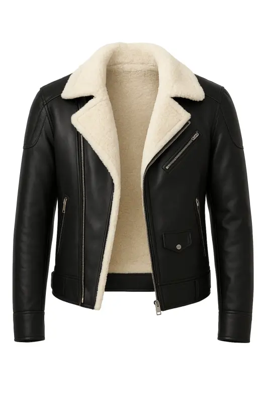 Men's napa leather jacket, zipper closure, full fur lining, slim fit, black-cream. - 1