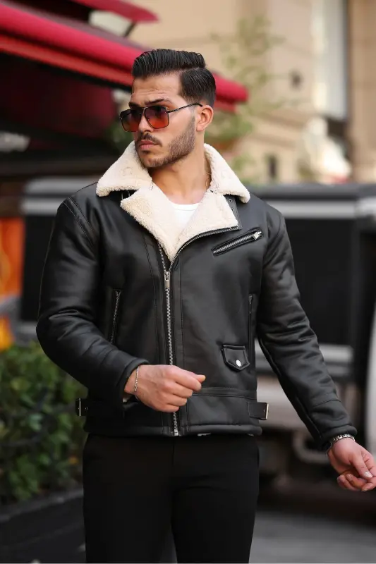 Men's napa leather jacket, zipper closure, full fur lining, slim fit, black-cream. - 3