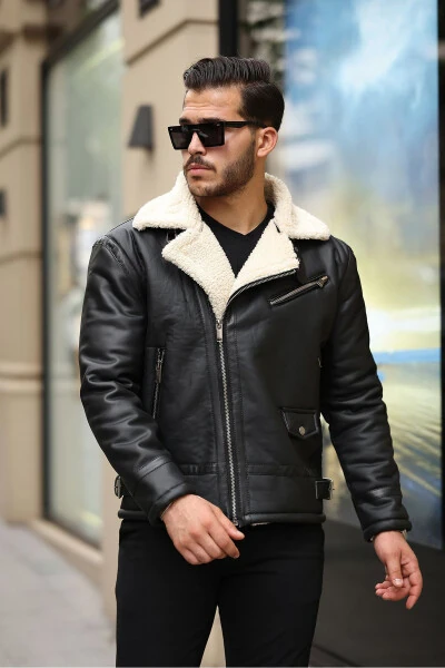Men's Nappa Leather Zip-Up Full Fur Lined Slim Fit Jacket - GM GIYIMARKET