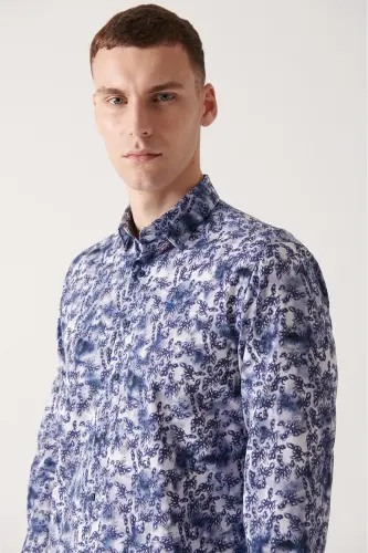 Men's Navy Abstract Patterned 100% Cotton Slim Fit Fitted Shirt A22y2013 - AVVA (1)