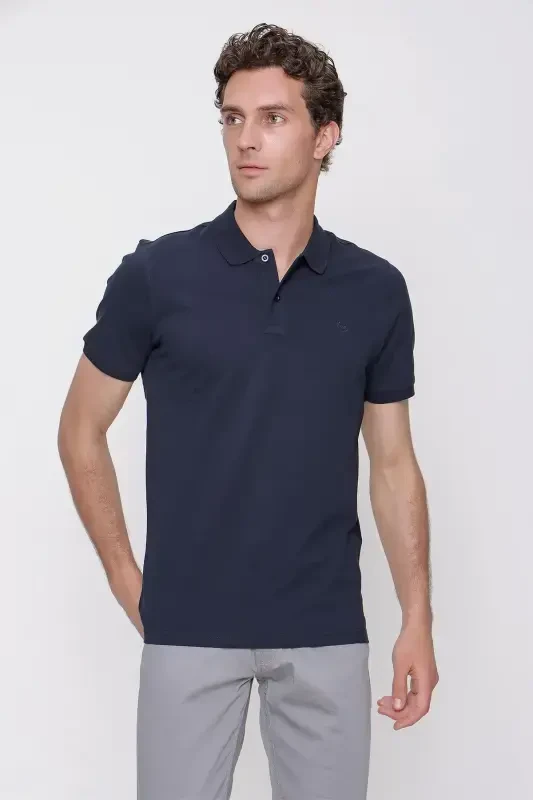 Men's Navy Basic Plain 100% Cotton Slim Fit Short Sleeve Polo Neck T-Shirt - 2