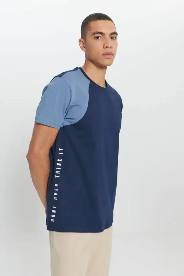 Men's Navy-Beige Standard Fit Regular Fit 100% Cotton Printed Crew Neck T-shirt - 1