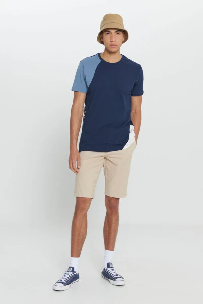 Men's Navy-Beige Standard Fit Regular Fit 100% Cotton Printed Crew Neck T-shirt - AC&CO / ALTINYILDIZ CLASSICS (1)