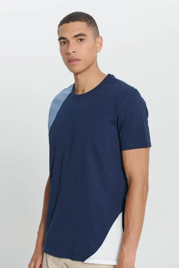 Men's Navy-Beige Standard Fit Regular Fit 100% Cotton Printed Crew Neck T-shirt - 4