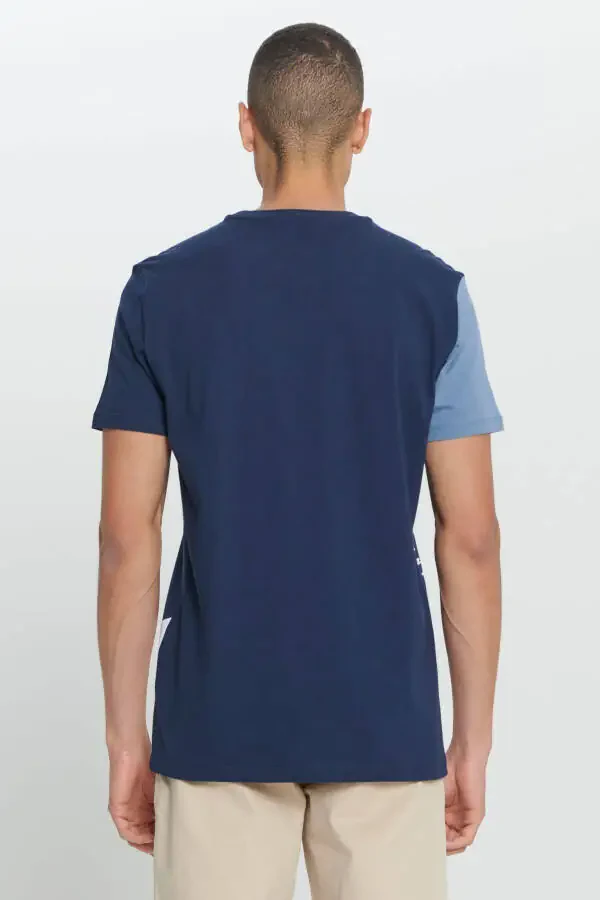 Men's Navy-Beige Standard Fit Regular Fit 100% Cotton Printed Crew Neck T-shirt - 5