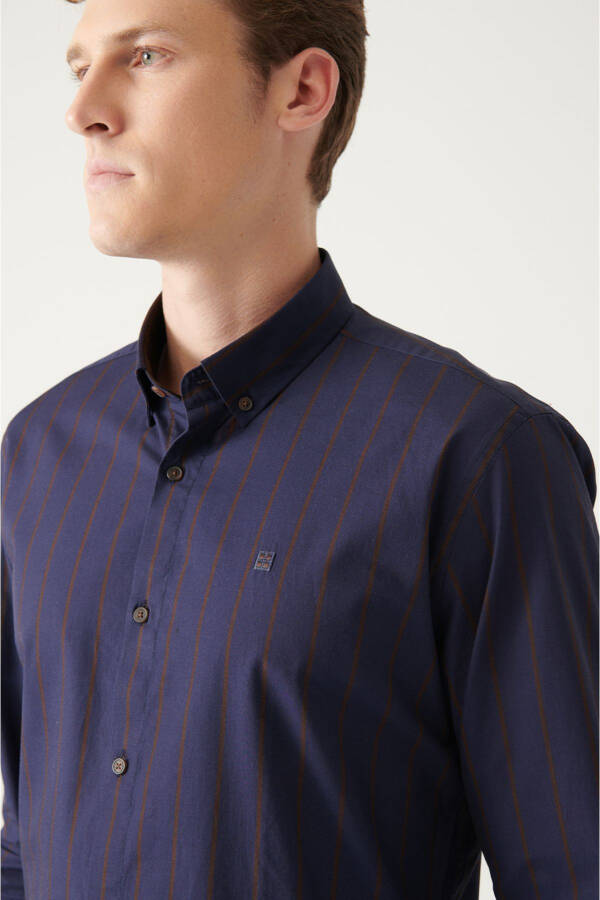 Men's Navy Blue 100% Cotton Button-Down Striped Slim Fit Poplin Shirt A31y2002 - 2