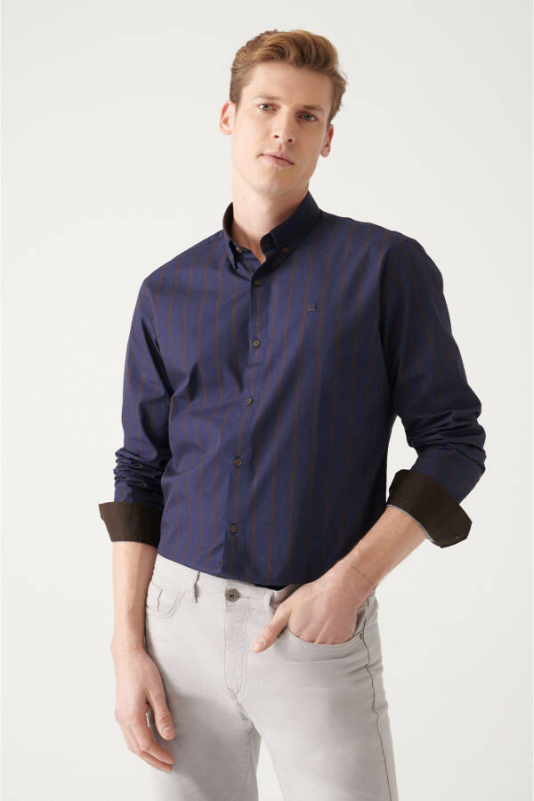 Men's Navy Blue 100% Cotton Button-Down Striped Slim Fit Poplin Shirt A31y2002 - 3