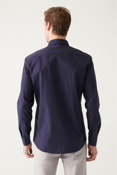 Men's Navy Blue 100% Cotton Button-Down Striped Slim Fit Poplin Shirt A31y2002 - 4