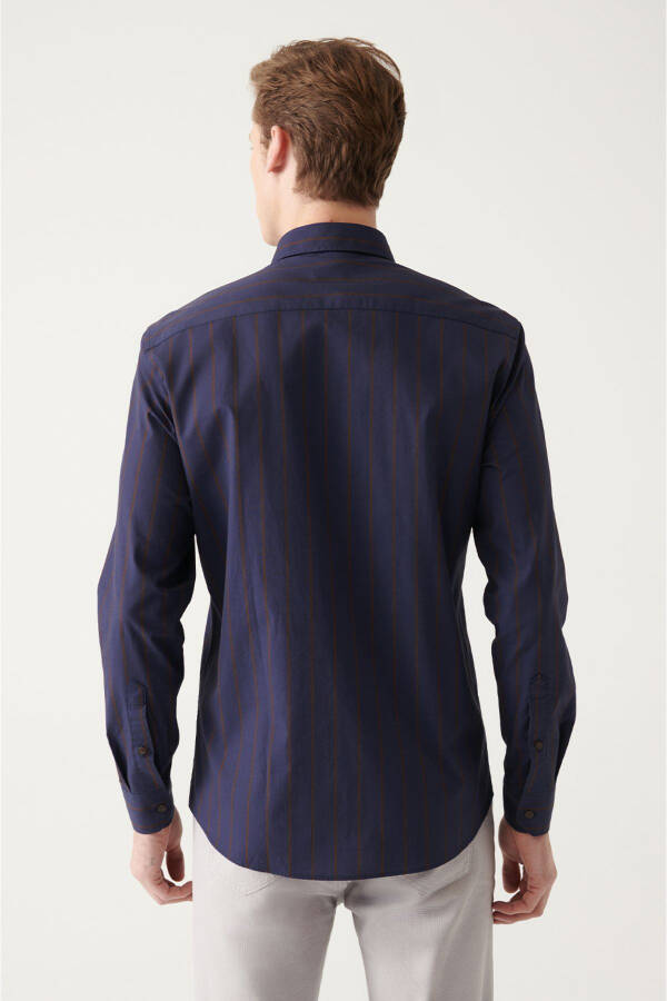 Men's Navy Blue 100% Cotton Button-Down Striped Slim Fit Poplin Shirt A31y2002 - 4