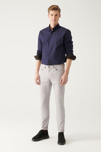 Men's Navy Blue 100% Cotton Button-Down Striped Slim Fit Poplin Shirt A31y2002 - 5