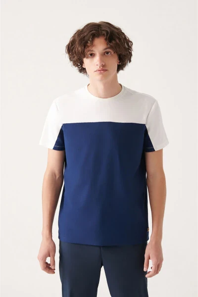 Men's Navy Blue 100% Cotton Crepe Fabric Crew Neck Patch Detail Regular Fit T-Shirt - AVVA