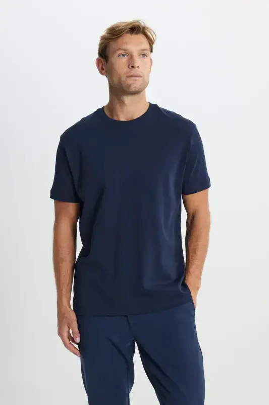 Men's Navy Blue 100% Cotton Modern Fit Regular Fit Crew Neck T-Shirt-Navy Blue - 1