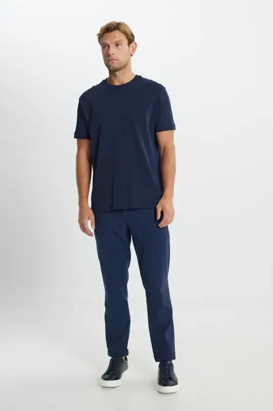 Men's Navy Blue 100% Cotton Modern Fit Regular Fit Crew Neck T-Shirt-Navy Blue - 2