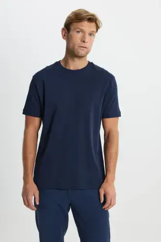 Men's Navy Blue 100% Cotton Modern Fit Regular Fit Crew Neck T-Shirt-Navy Blue - 3
