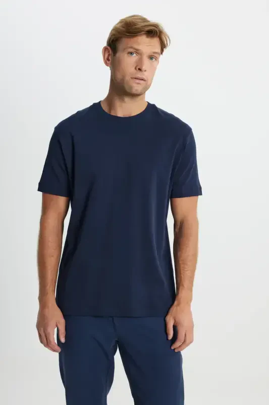 Men's Navy Blue 100% Cotton Modern Fit Regular Fit Crew Neck T-Shirt-Navy Blue - 3