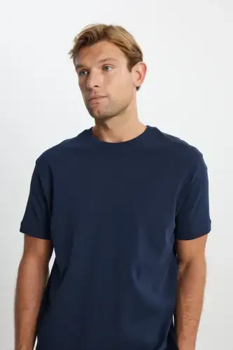 Men's Navy Blue 100% Cotton Modern Fit Regular Fit Crew Neck T-Shirt-Navy Blue - 4