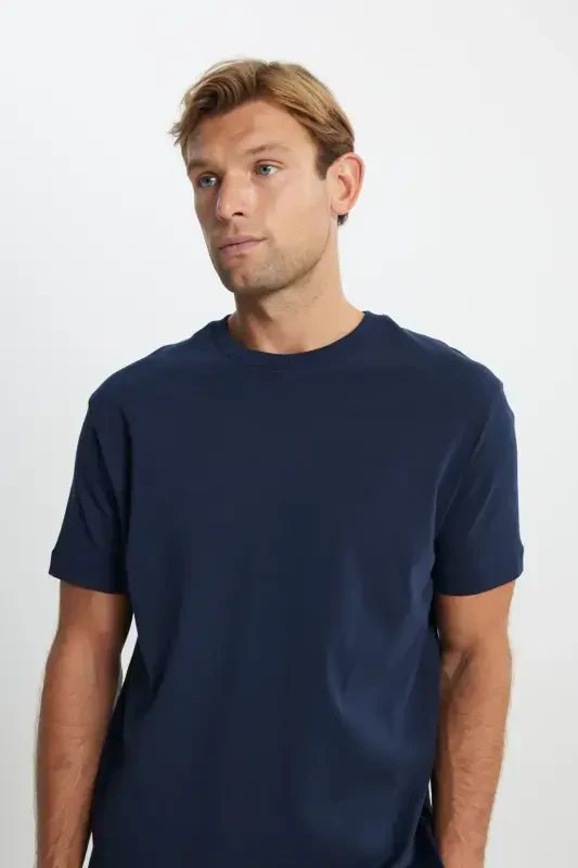 Men's Navy Blue 100% Cotton Modern Fit Regular Fit Crew Neck T-Shirt-Navy Blue - 4