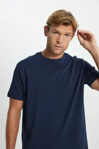 Men's Navy Blue 100% Cotton Modern Fit Regular Fit Crew Neck T-Shirt-Navy Blue - 5