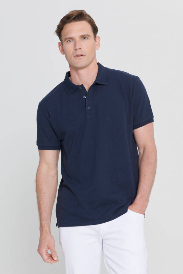 Men's Navy Blue %100 Cotton Non-Iron Pique Polo Neck - 1