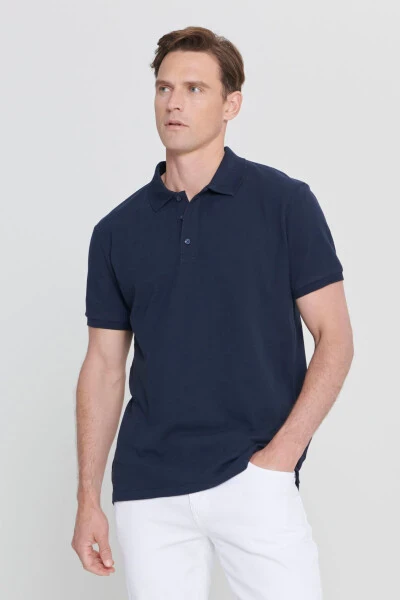 Men's Navy Blue %100 Cotton Non-Iron Pique Polo Neck - 3