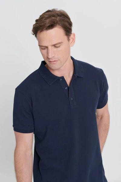 Men's Navy Blue %100 Cotton Non-Iron Pique Polo Neck - 4