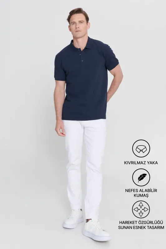 Men's Navy Blue %100 Cotton Non-Iron Pique Polo Neck - 5
