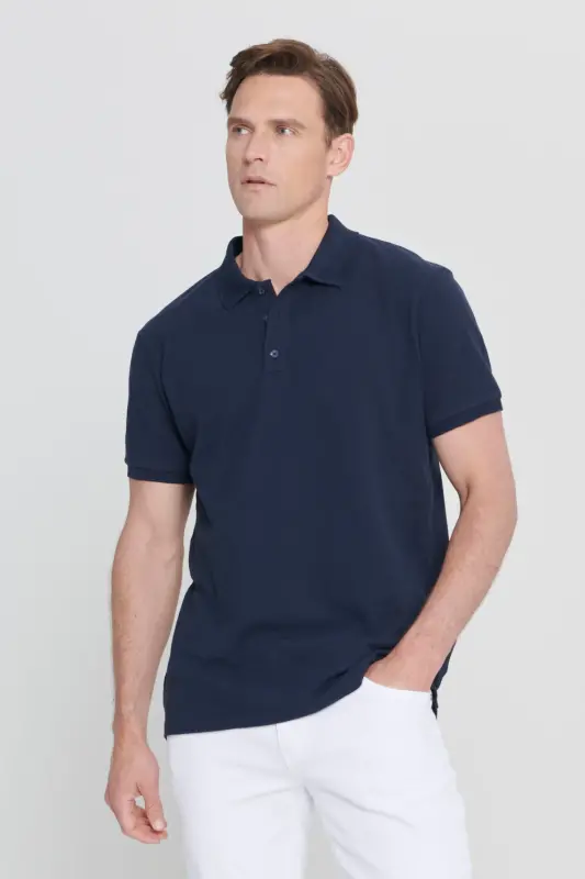 Men's Navy Blue %100 Cotton Non-Iron Pique Polo Neck - 7