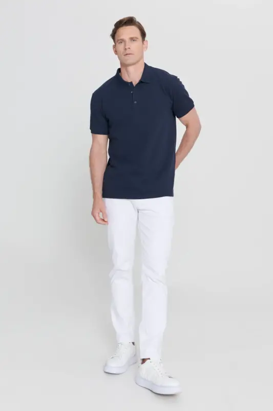 Men's Navy Blue %100 Cotton Non-Iron Pique Polo Neck - 9