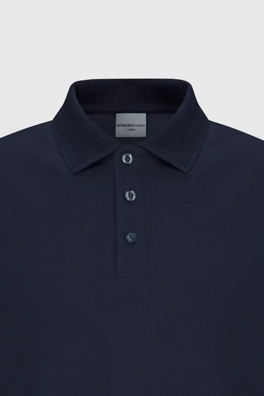 Men's Navy Blue %100 Cotton Non-Iron Pique Polo Neck - 12