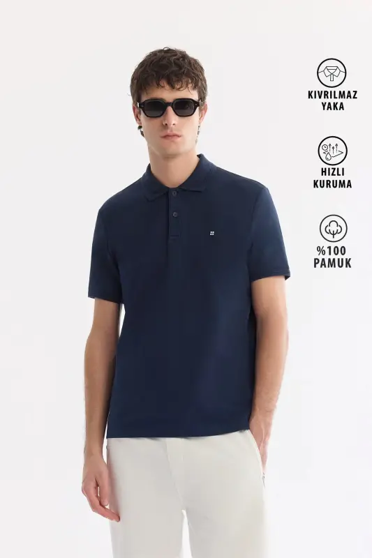 Men's Navy Blue 100% Cotton Quick-Drying Regular Fit Non-Wrinkle Polo Collar T-shirt B001032 - 1