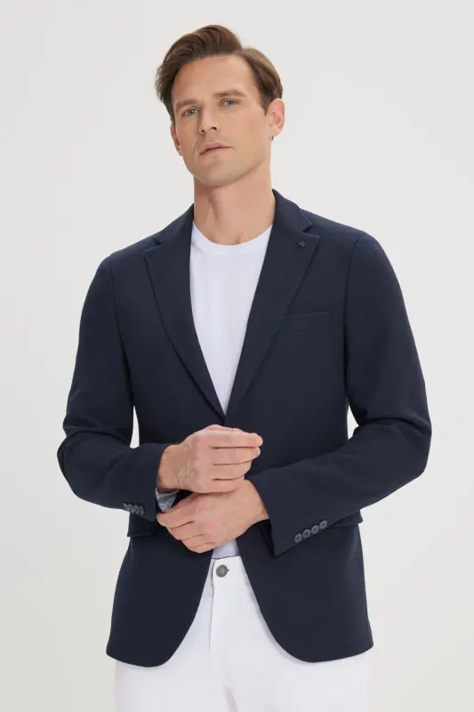 Men's Navy Blue 360-Degree All-Way Stretch Slim Fit Mono Collar Blazer Jacket - Navy Blue - 3