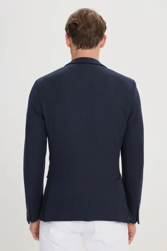 Erkek Lacivert 360 Derece Her Yöne Esneyen Slim Fit Dar Kesim Mono Yaka Blazer Ceket - Lacivert - 5