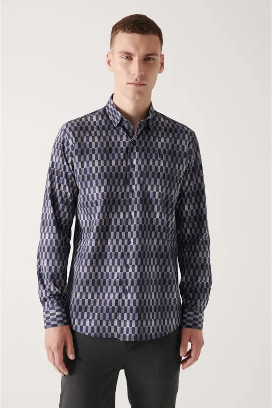 Men's Navy Blue Abstract Patterned 100% Cotton Shirt A22y2005-Navy Blue - AVVA
