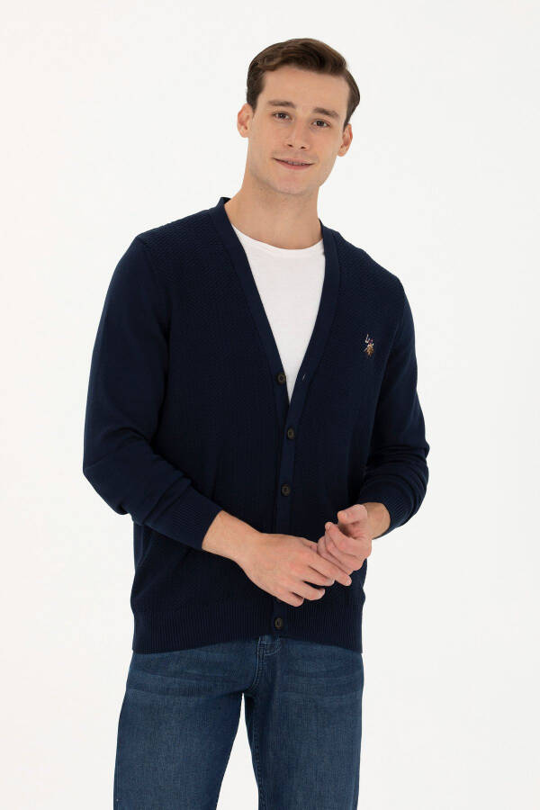 Men's Navy Blue Basic Knit Cardigan - 1