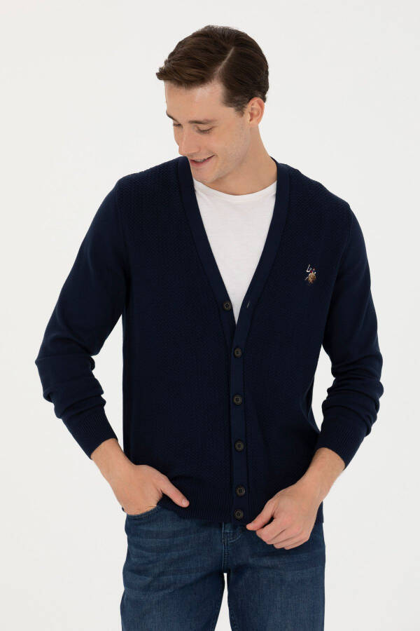 Men's Navy Blue Basic Knit Cardigan - 3