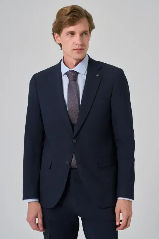 Men's Navy Blue Basic Plain Slim Fit Narrow Cut 6 Drop Suit - MORVEN