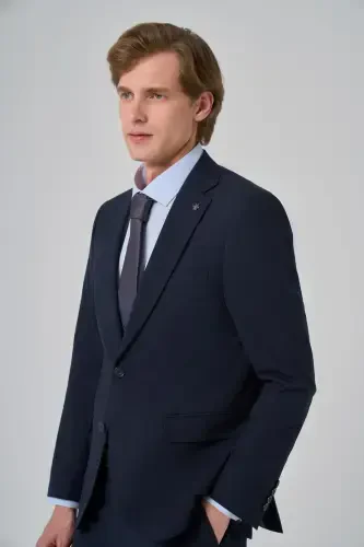 Men's Navy Blue Basic Plain Slim Fit Narrow Cut 6 Drop Suit - 4