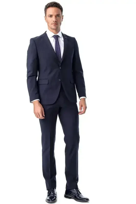 Men's Navy Blue Basic Plain Slim Fit Narrow Cut Double Slit Suit - 1