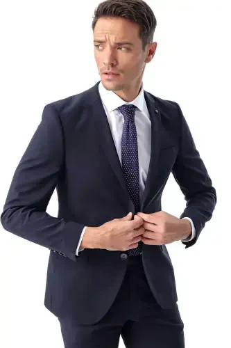 Men's Navy Blue Basic Plain Slim Fit Narrow Cut Double Slit Suit - 4