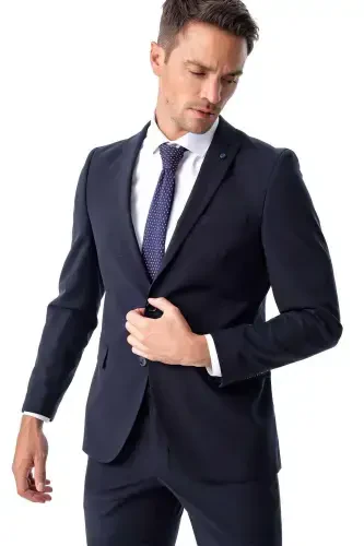 Men's Navy Blue Basic Plain Slim Fit Narrow Cut Double Slit Suit - 6