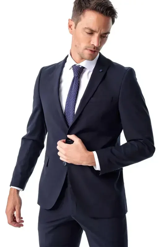 Men's Navy Blue Basic Plain Slim Fit Narrow Cut Double Slit Suit - 6