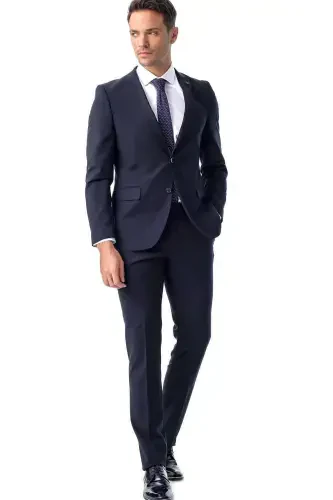 Men's Navy Blue Basic Plain Slim Fit Narrow Cut Double Slit Suit - 7