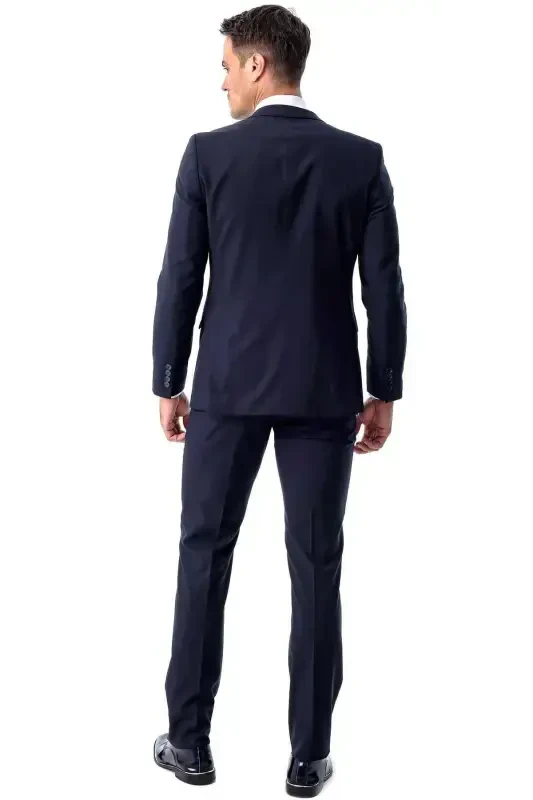 Men's Navy Blue Basic Plain Slim Fit Narrow Cut Double Slit Suit - 8